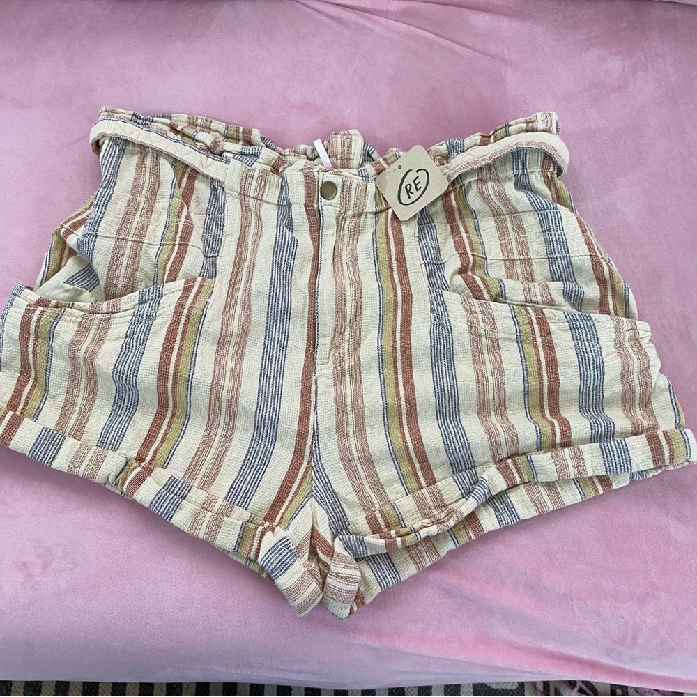 Free People Topanga Yarn Dyed Shorts New Large Boho Paper Bag Pocket striped - Picture 16 of 16